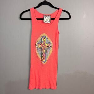 Y2K long ribbed tank top Mexican folk art Cross Anthropologie large VTG Skater